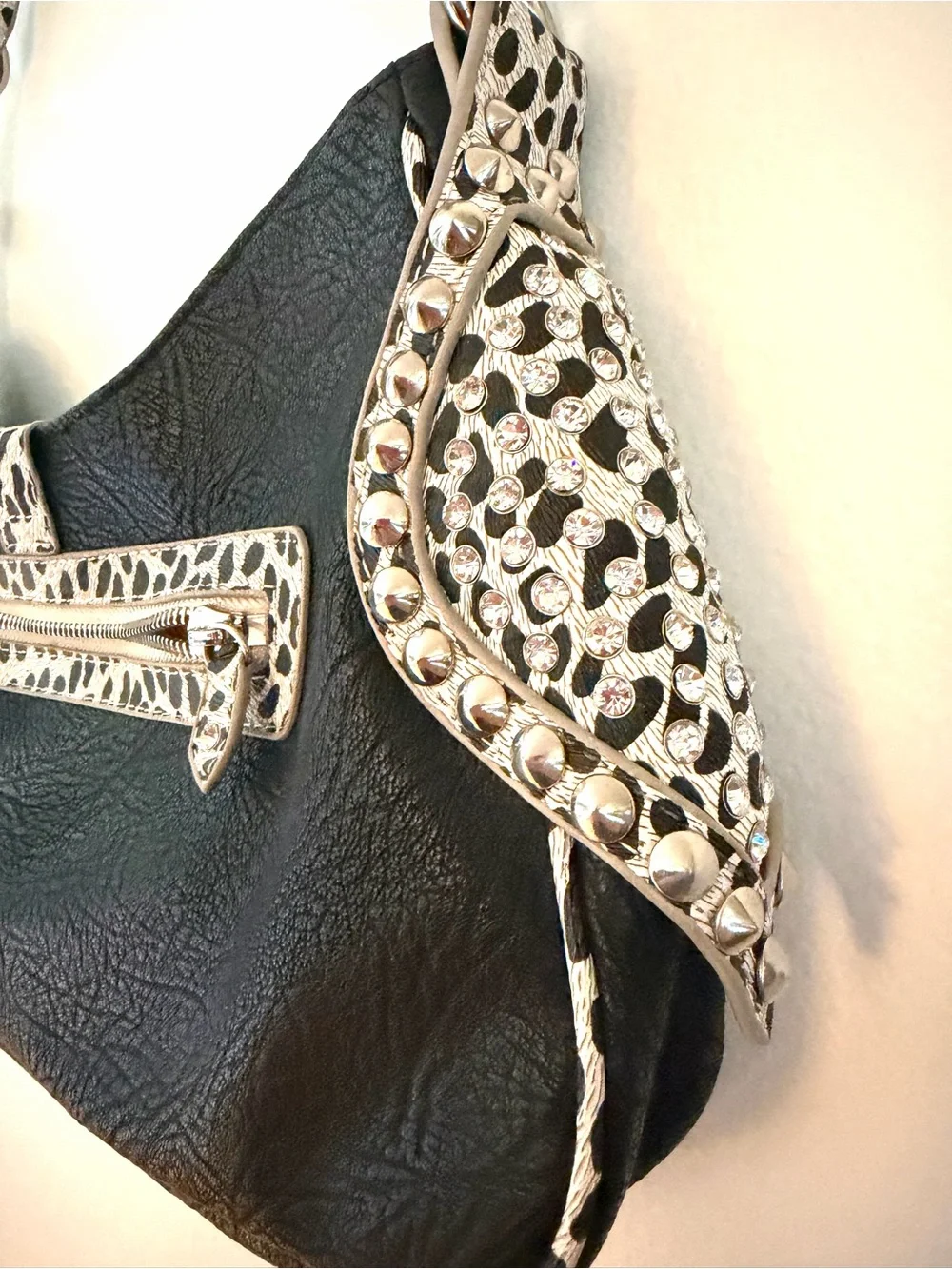 Vintage Hobo Purse Shoulder Bag Silver Studs Bling Snake Cheetah Black White Y2K